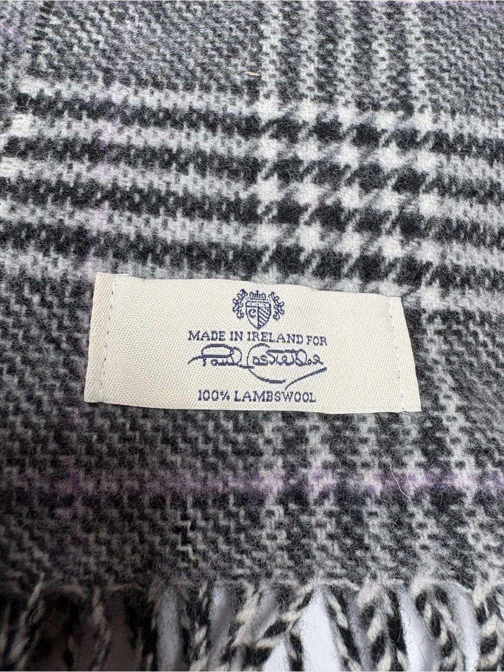 Paul Costelloe Ireland Black White Plaid Check 100% Lambswool 12*64 Scarf Preppy